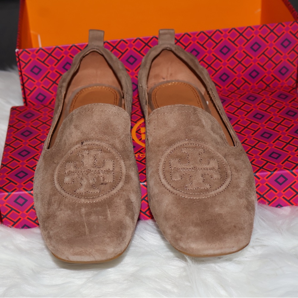 Tory Burch Taupe Suede Slip-On Shoes